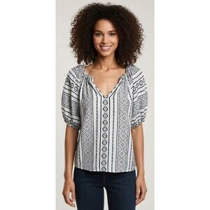 VELVET Graham & Spencer Kimmy Boho Jacquard B/W Puff S/S Peasant Top Ret $128 XS